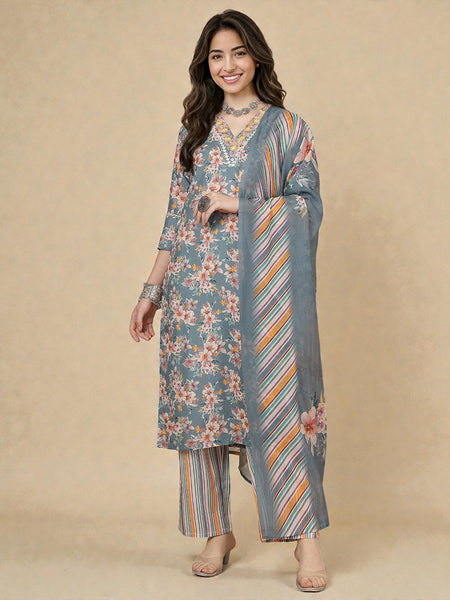 Miramaar Women's Multicolor Straight Cotton Linen Kurta Set with Dupatta