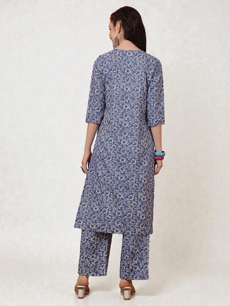 Miramaar Women's Blue Printed Straight V-Neck Kurta Set