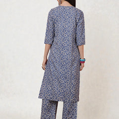 Miramaar Women's Blue Printed Straight V-Neck Kurta Set