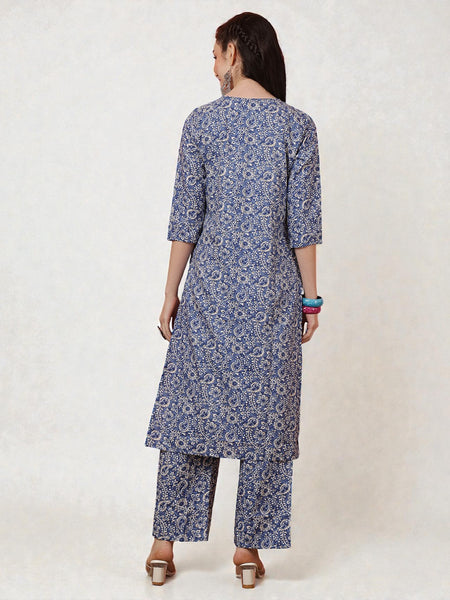 Miramaar Women's Blue Printed Straight V-Neck Kurta Set