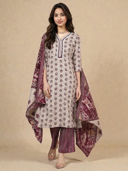 Miramaar Women's Purple Rayon Straight Lace Work Kurta Set with Dupatta