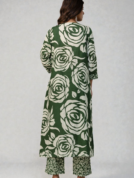 Miramaar Women's Straight Green Printed Adda Work Kurta Pant with Dupatta