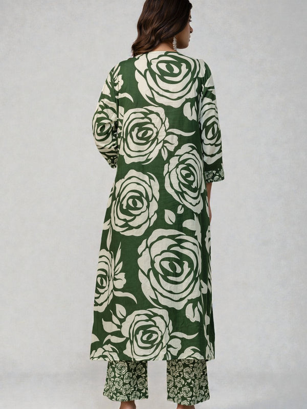 Miramaar Women's Straight Green Printed Adda Work Kurta Pant with Dupatta