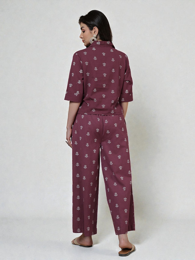 Miramaar Women's Wine Cotton Flex Spread Collar Crop top Coord Set