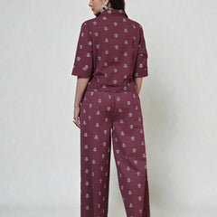 Miramaar Women's Wine Cotton Flex Spread Collar Crop top Coord Set