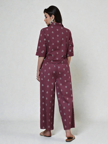 Miramaar Women's Wine Cotton Flex Spread Collar Crop top Coord Set