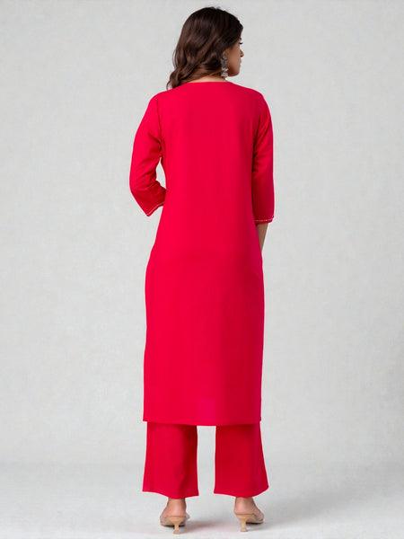 Miramaar Women's Magenta Cotton Embroidered Solid Kurta Pant Dupatta