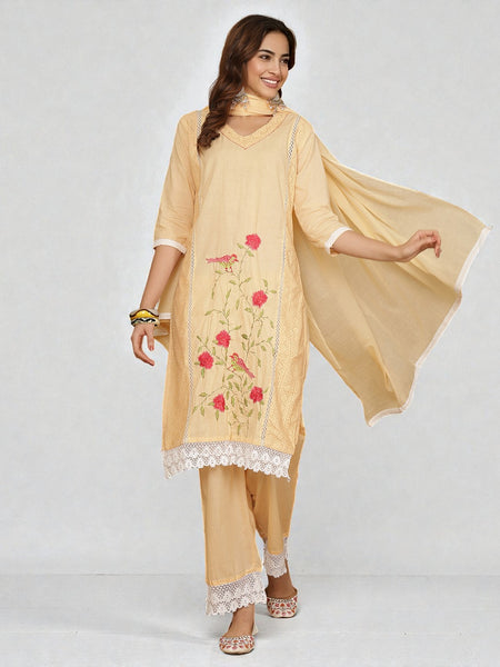 Miramaar Women's Peach Cotton Schiffli V-Neck Straight Kurta Set with Dupatta