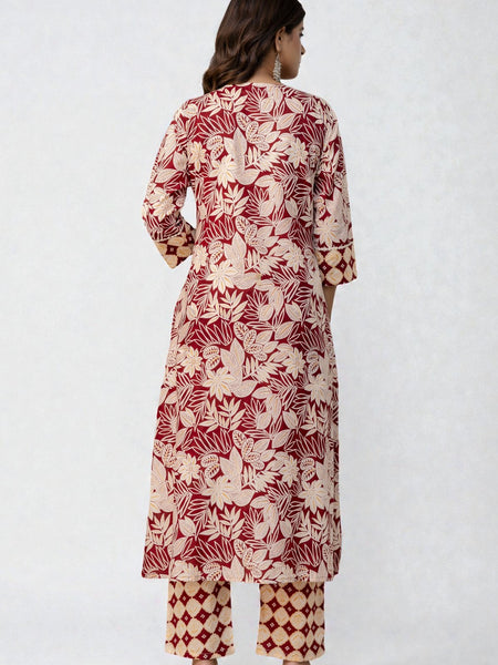 Miramaar Women's Maroon Straight Round Neck Printed Kurta Pant with Dupatta