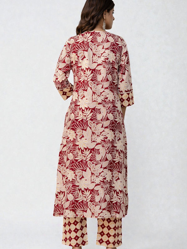Miramaar Women's Maroon Straight Round Neck Printed Kurta Pant with Dupatta