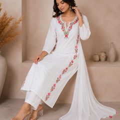Women WHITE Printed Round Neck Kurta with Straight Pants & Printed Dupatta