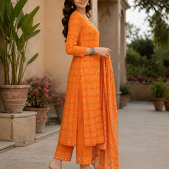 Women Orange Printed Round Neck Kurta with Straight Pants & Printed Dupatta