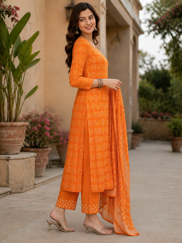 Women Orange Printed Round Neck Kurta with Straight Pants & Printed Dupatta