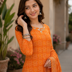 Women Orange Printed Round Neck Kurta with Straight Pants & Printed Dupatta