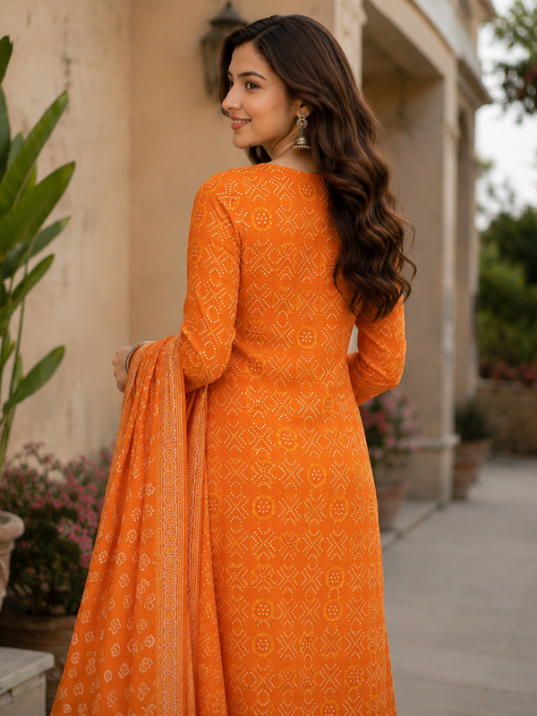Women Orange Printed Round Neck Kurta with Straight Pants & Printed Dupatta