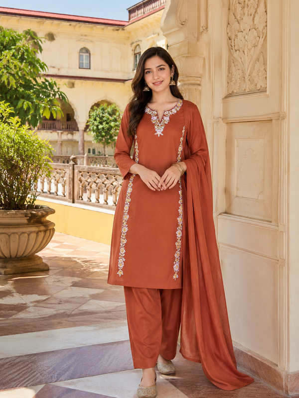 Women Orange Printed Round Neck Kurta with Straight Pants & Printed Dupatta