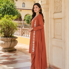 Women Orange Printed Round Neck Kurta with Straight Pants & Printed Dupatta