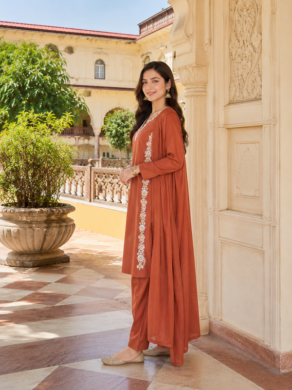 Women Orange Printed Round Neck Kurta with Straight Pants & Printed Dupatta