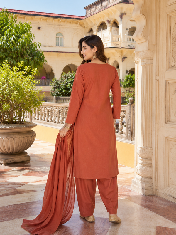Women Orange Printed Round Neck Kurta with Straight Pants & Printed Dupatta
