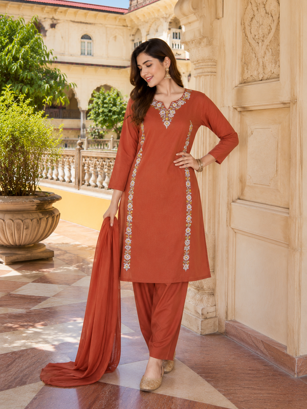 Women Orange Printed Round Neck Kurta with Straight Pants & Printed Dupatta