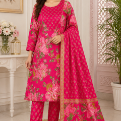 Women Pink Printed Round Neck Kurta with Straight Pants & Printed Dupatta