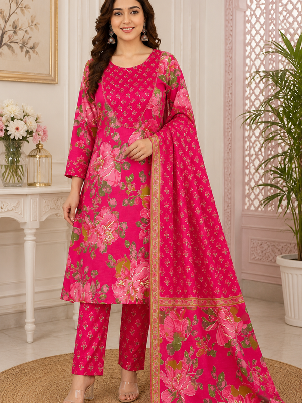 Women Pink Printed Round Neck Kurta with Straight Pants & Printed Dupatta