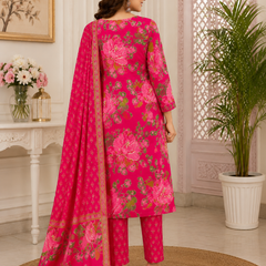 Women Pink Printed Round Neck Kurta with Straight Pants & Printed Dupatta