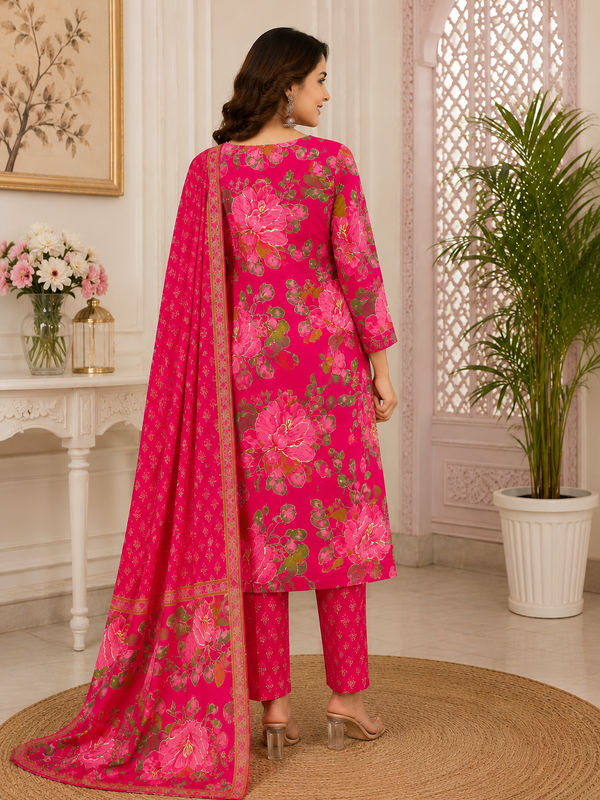 Women Pink Printed Round Neck Kurta with Straight Pants & Printed Dupatta