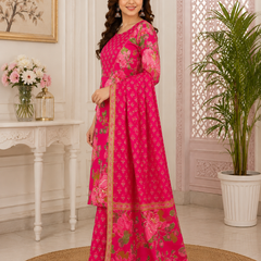 Women Pink Printed Round Neck Kurta with Straight Pants & Printed Dupatta
