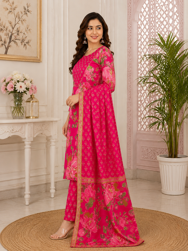 Women Pink Printed Round Neck Kurta with Straight Pants & Printed Dupatta