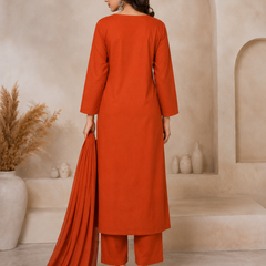 Women Orange Printed Round Neck Kurta with Straight Pants & Printed Dupatta