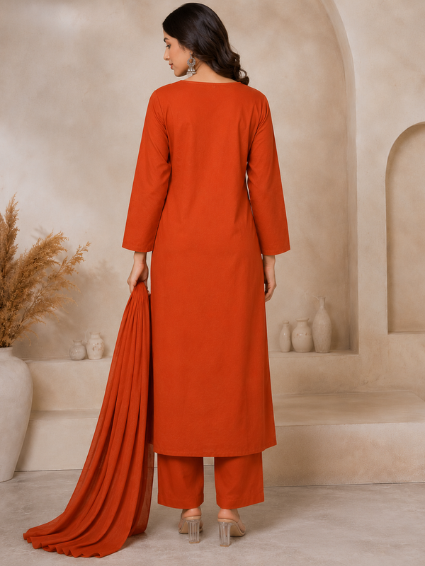 Women Orange Printed Round Neck Kurta with Straight Pants & Printed Dupatta