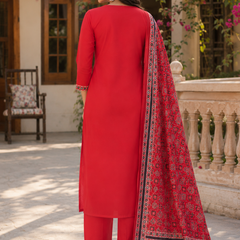 Women Red Printed Round Neck Kurta with Straight Pants & Printed Dupatta