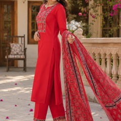 Women Red Printed Round Neck Kurta with Straight Pants & Printed Dupatta