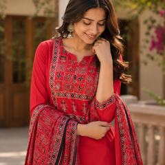 Women Red Printed Round Neck Kurta with Straight Pants & Printed Dupatta