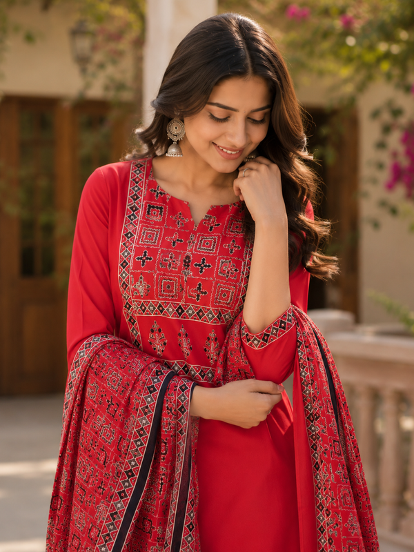Women Red Printed Round Neck Kurta with Straight Pants & Printed Dupatta
