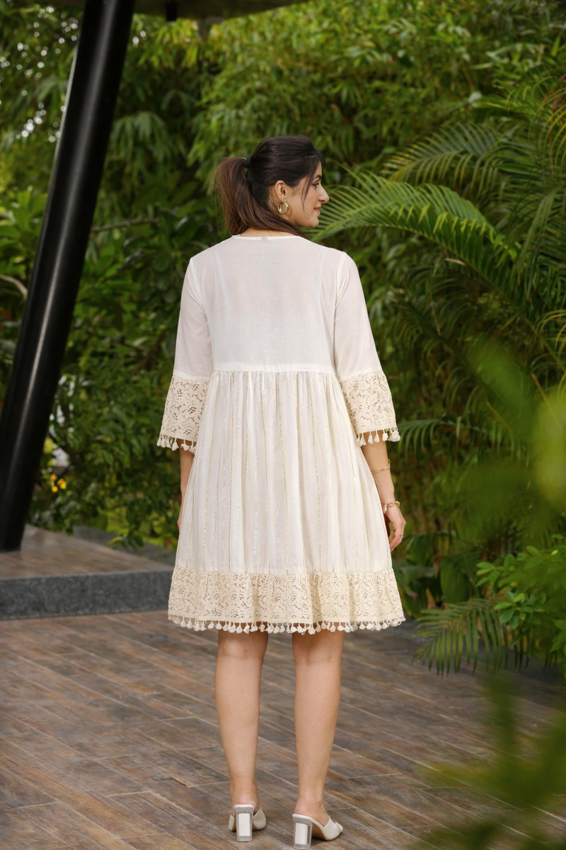 Miramaar  Women's White Cotton Lurex Lace work Fit & Flare Dress