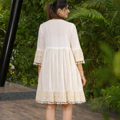Miramaar  Women's White Cotton Lurex Lace work Fit & Flare Dress