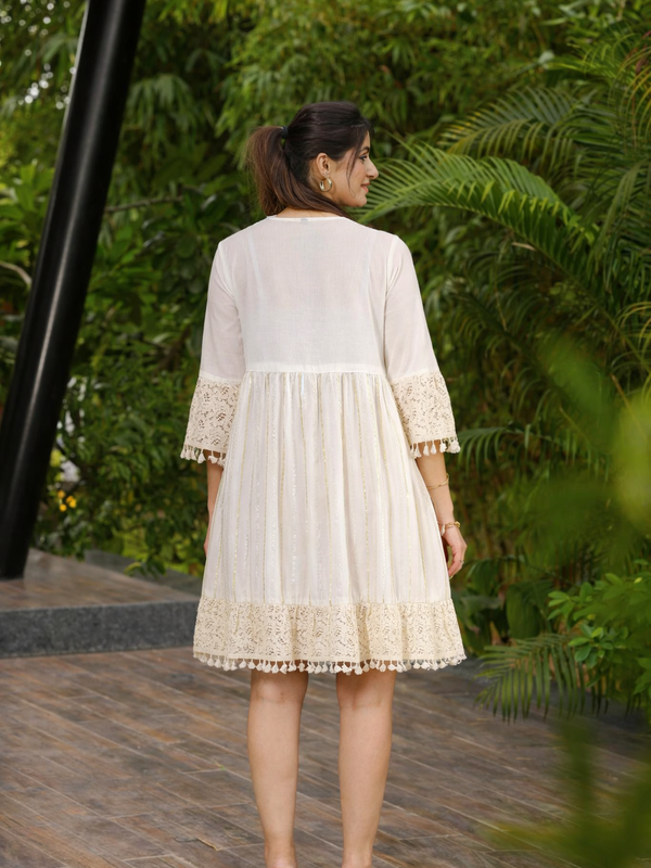 Miramaar  Women's White Cotton Lurex Lace work Fit & Flare Dress