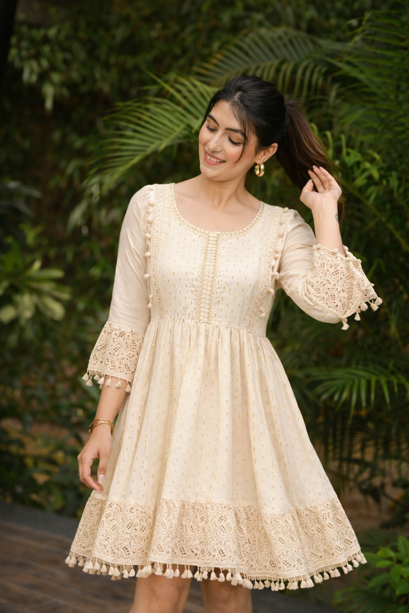 Miramaar  Women's White Cotton Lurex Lace work Fit & Flare Dress