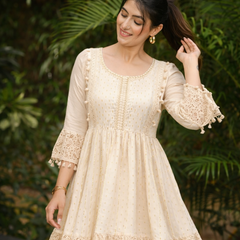 Miramaar  Women's White Cotton Lurex Lace work Fit & Flare Dress