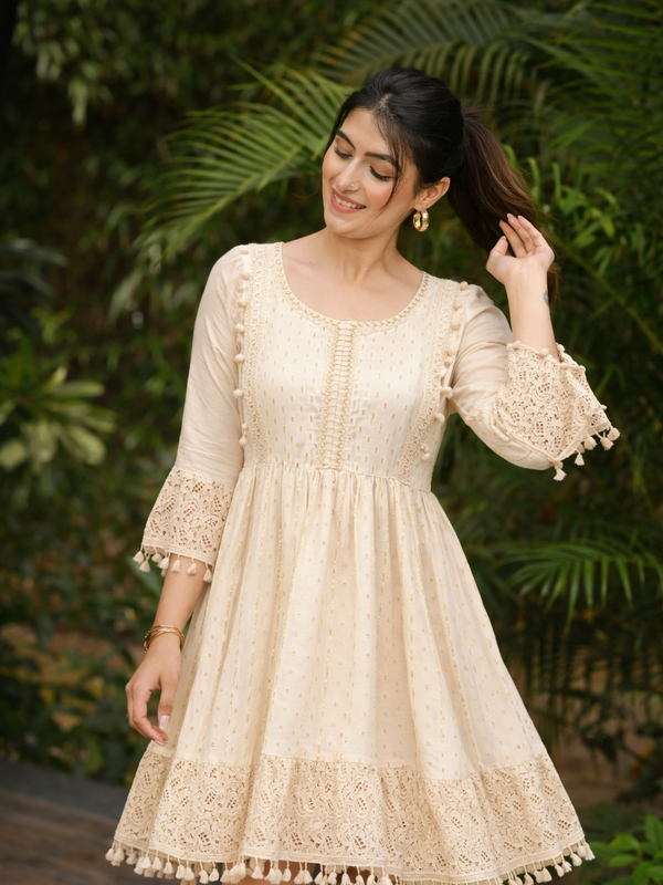 Miramaar  Women's White Cotton Lurex Lace work Fit & Flare Dress