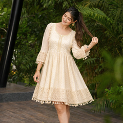 Miramaar  Women's White Cotton Lurex Lace work Fit & Flare Dress