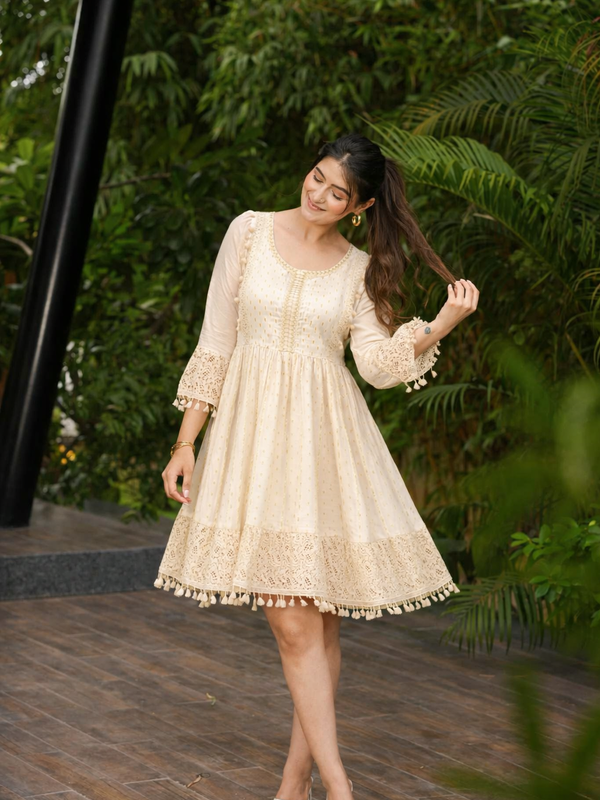 Miramaar  Women's White Cotton Lurex Lace work Fit & Flare Dress