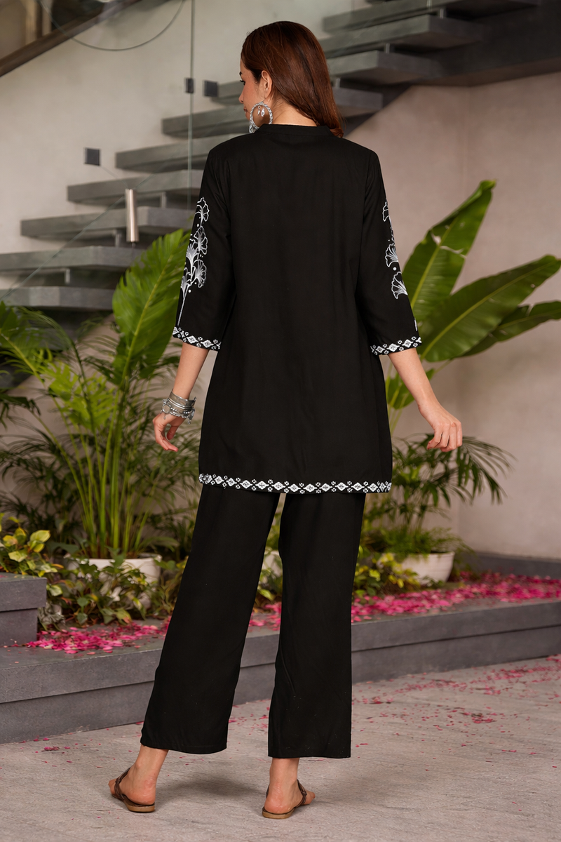 Miramaar Women's Black Rayon Mandarin Collar Co-ord Set