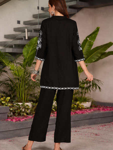 Miramaar Women's Black Rayon Mandarin Collar Co-ord Set
