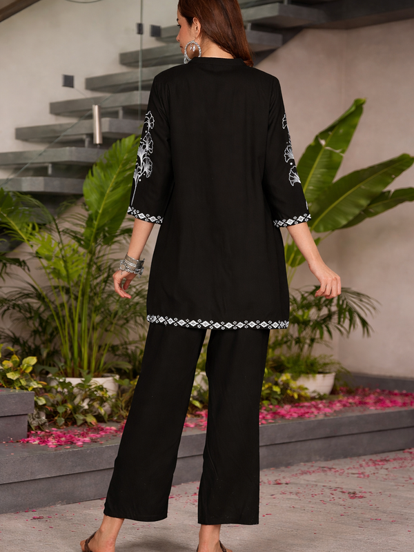 Miramaar Women's Black Rayon Mandarin Collar Co-ord Set