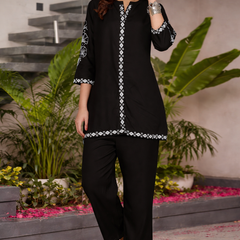 Miramaar Women's Black Rayon Mandarin Collar Co-ord Set