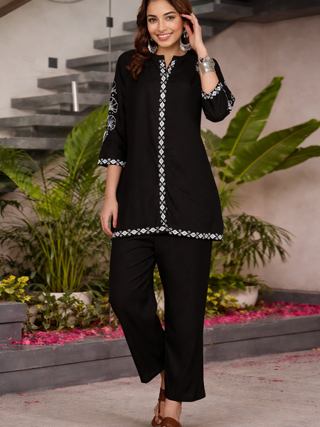 Miramaar Women's Black Rayon Mandarin Collar Co-ord Set