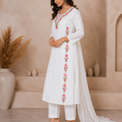 Women WHITE Printed Round Neck Kurta with Straight Pants & Printed Dupatta